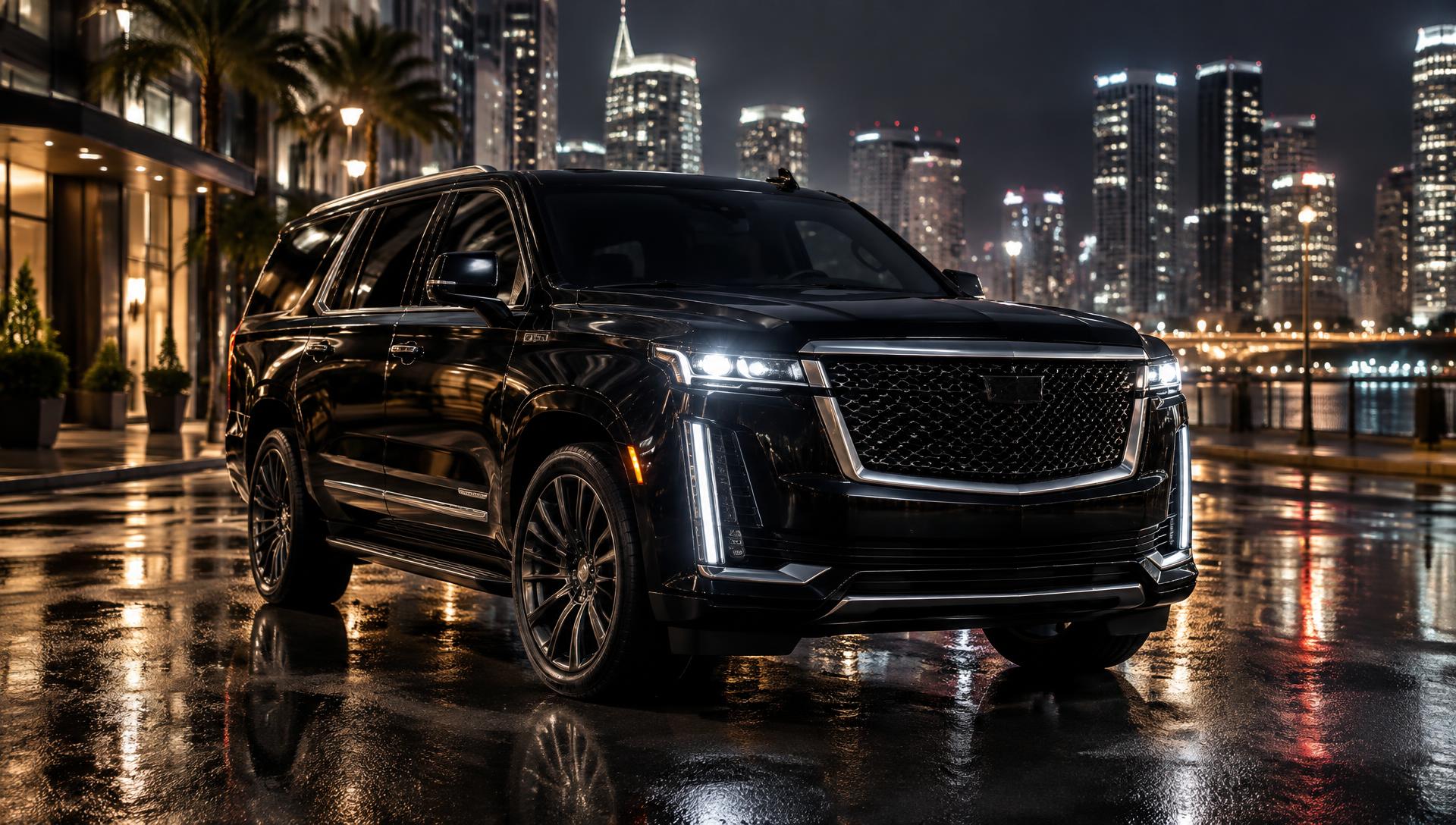 Black Escalade-style luxury SUV at night on the Jersey City waterfront